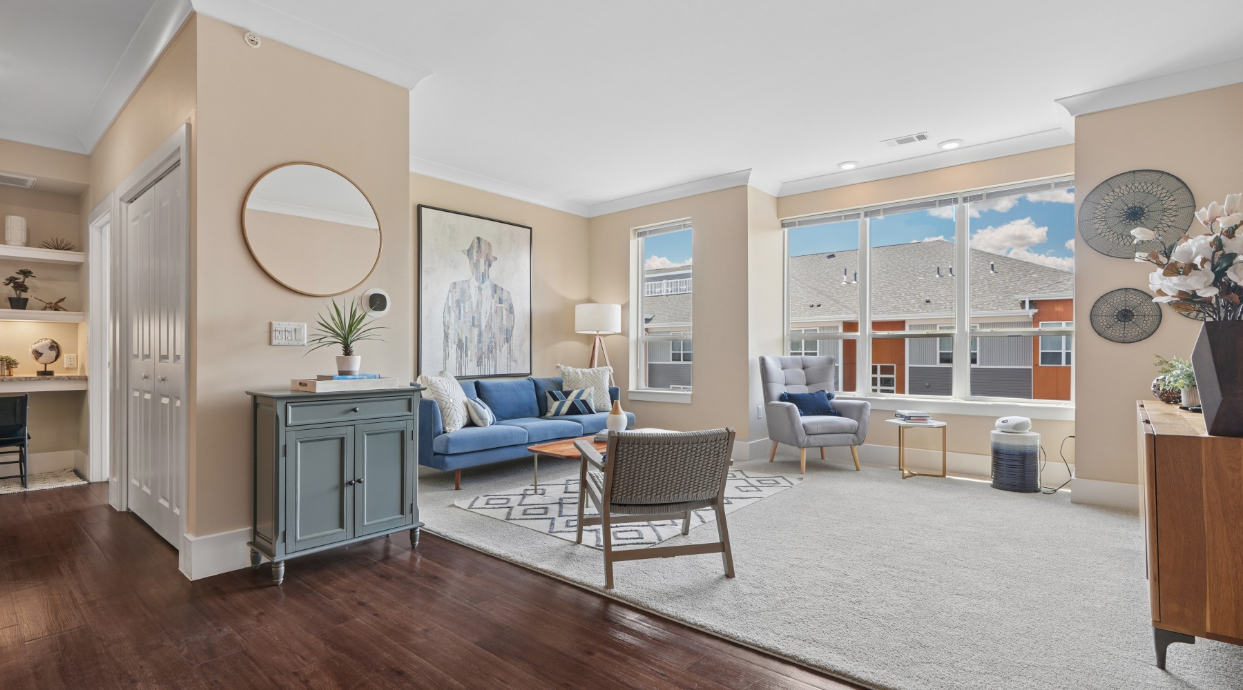 Open concept apartment living room and model home interior in Hudson MA
