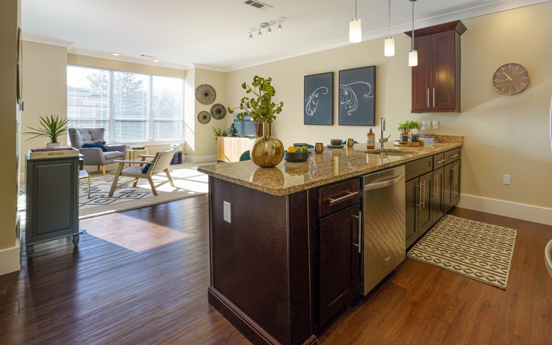 a kitchen with a marble counter